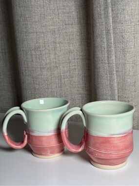 Studio Pottery Mugs Mint Green Pink Dip Glaze Signed Set of 2